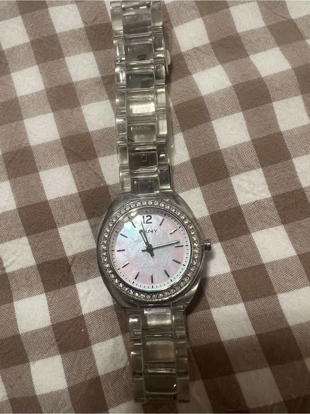 DKNY Clear Bracelet Watch with Iridescent Mother-of-Pearl Dial